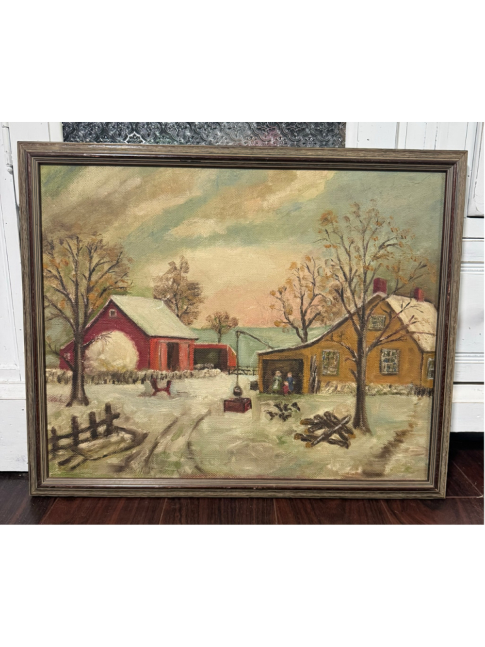 Vintage Winter Farm Landscape Oil Painting on Canvas Board Framed Farmhouse